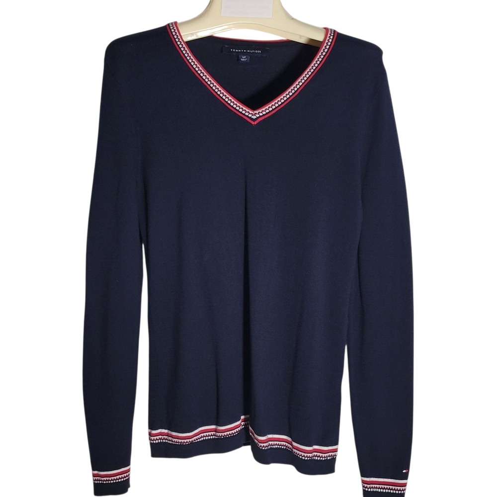 Tommy Hilfiger Sweater Small Navy Pullover L/S VNeck Cotton Strips Flag Preppy